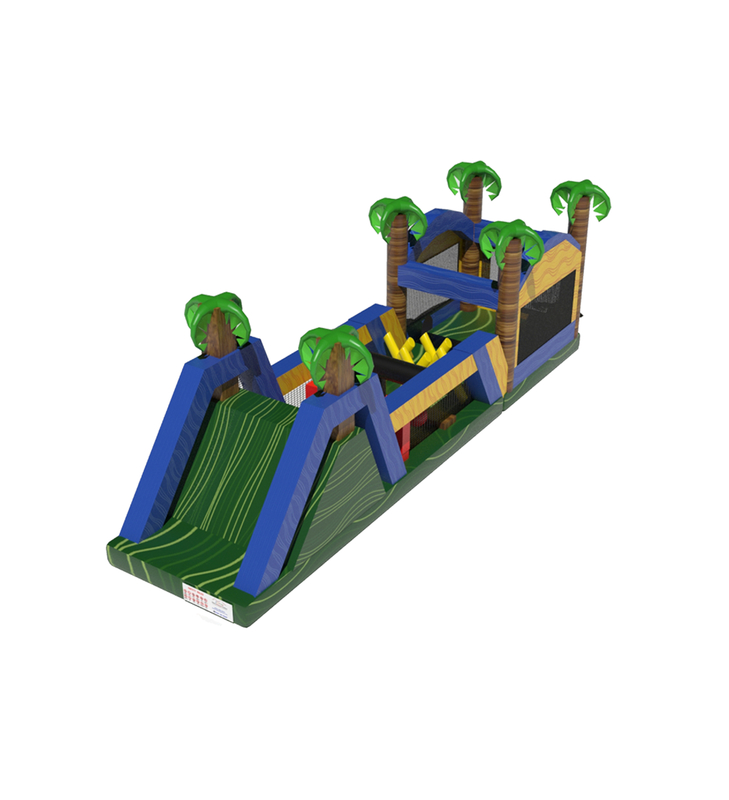 ट्रॉपिकल इन्फ्लेटेबल प्लेग्राउंड: एक मजेदार बाधा ट्रैक जंगल पाम ट्री - थीम